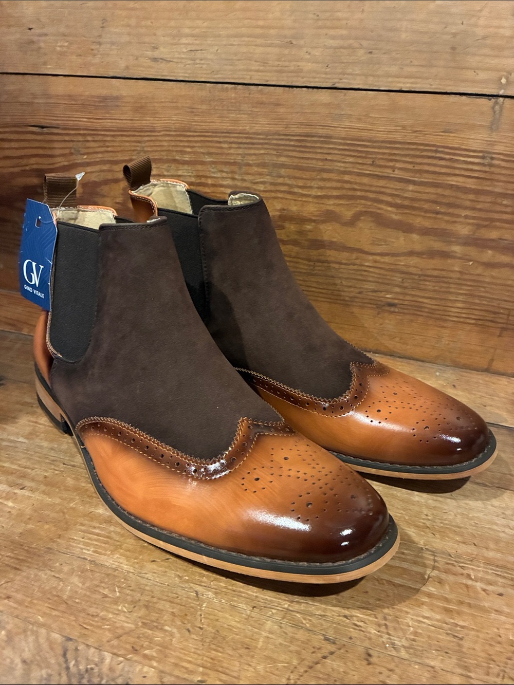 Gino Vitale Two-Tone Brown Leather & Suede Chelsea Brogue Boots - Sz 10